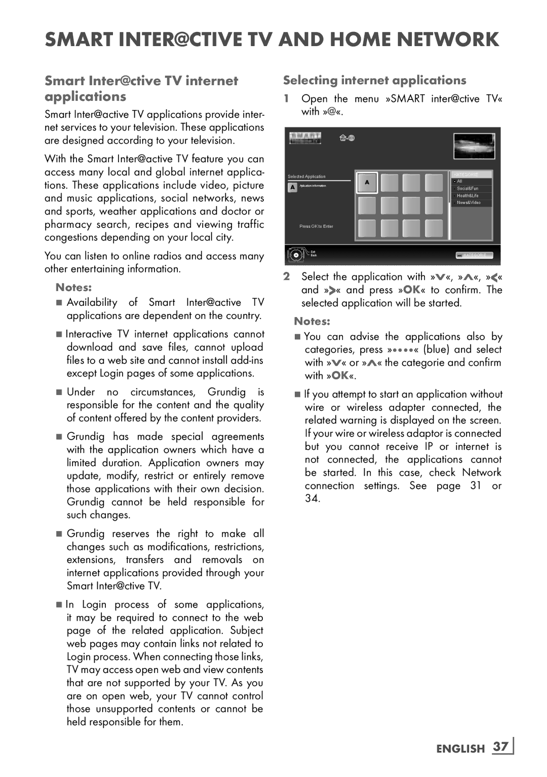 Grundig 40 VLE 8160 BL manual Smart Inter@ctive TV internet applications, Selecting internet applications, English ­37 