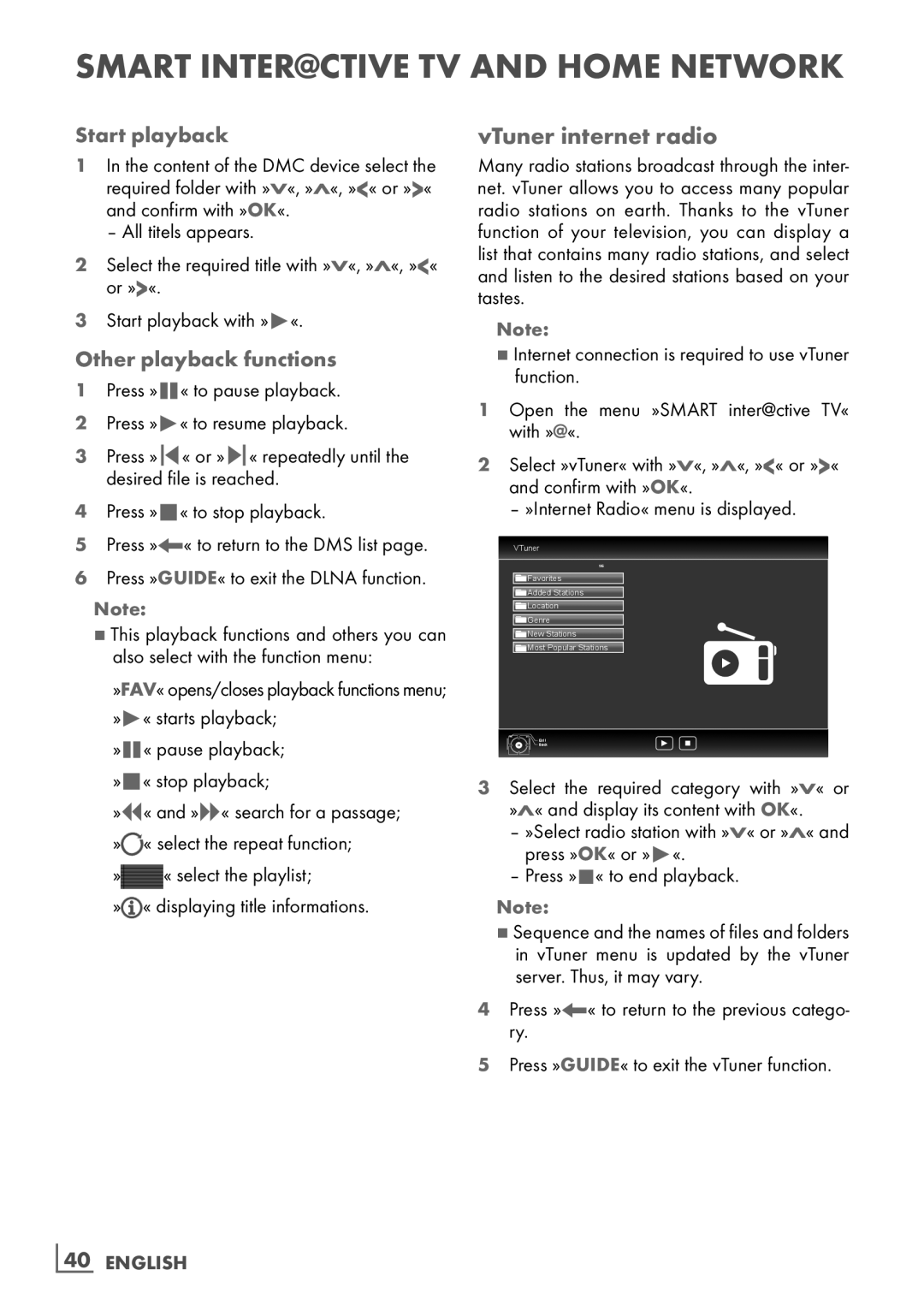 Grundig 40 VLE 8160 BL manual VTuner internet radio, Start playback, Other playback functions, ­40 English 