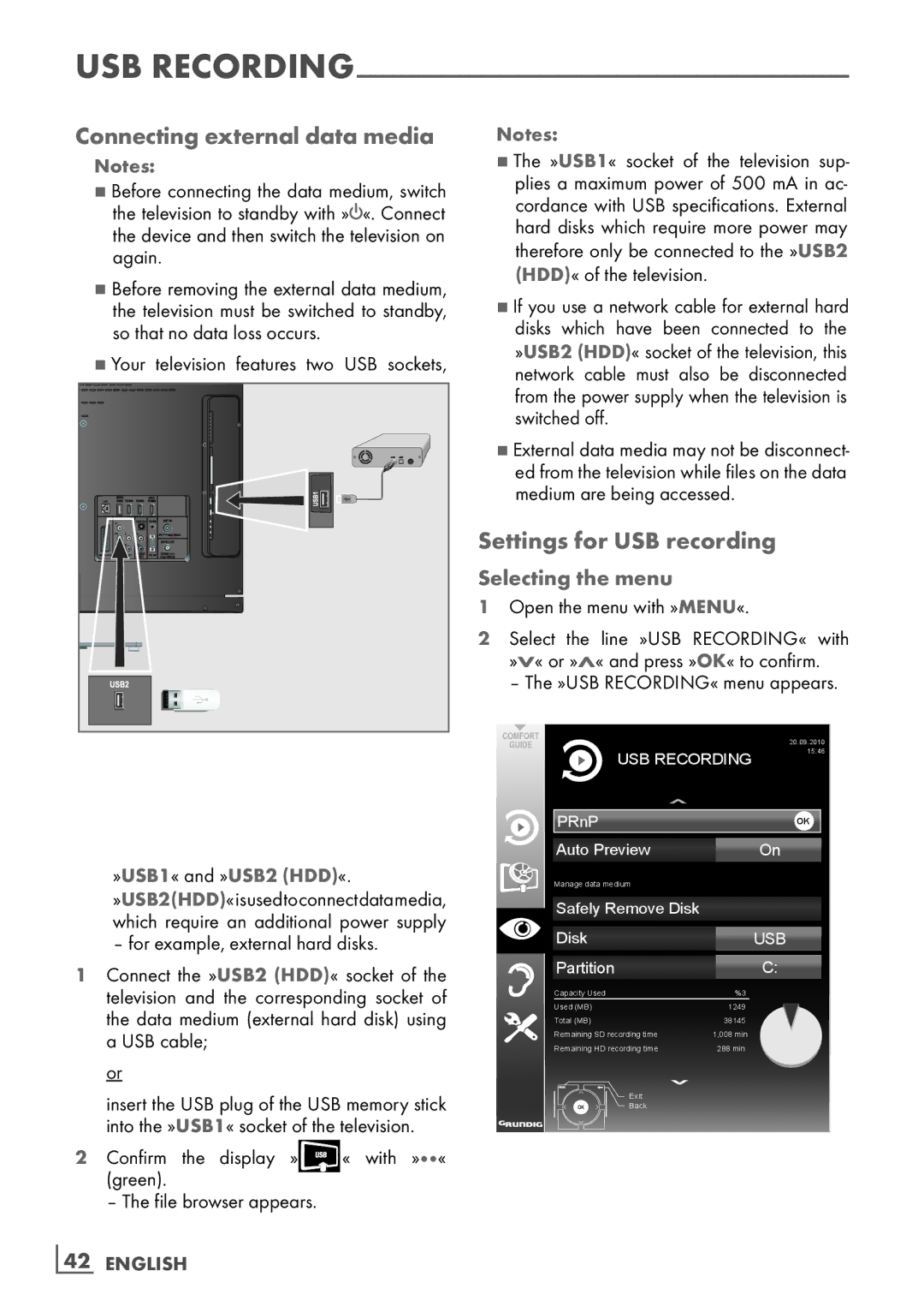 Grundig 40 VLE 8160 BL manual Connecting external data media, Settings for USB recording, Selecting the menu, ­42 English 