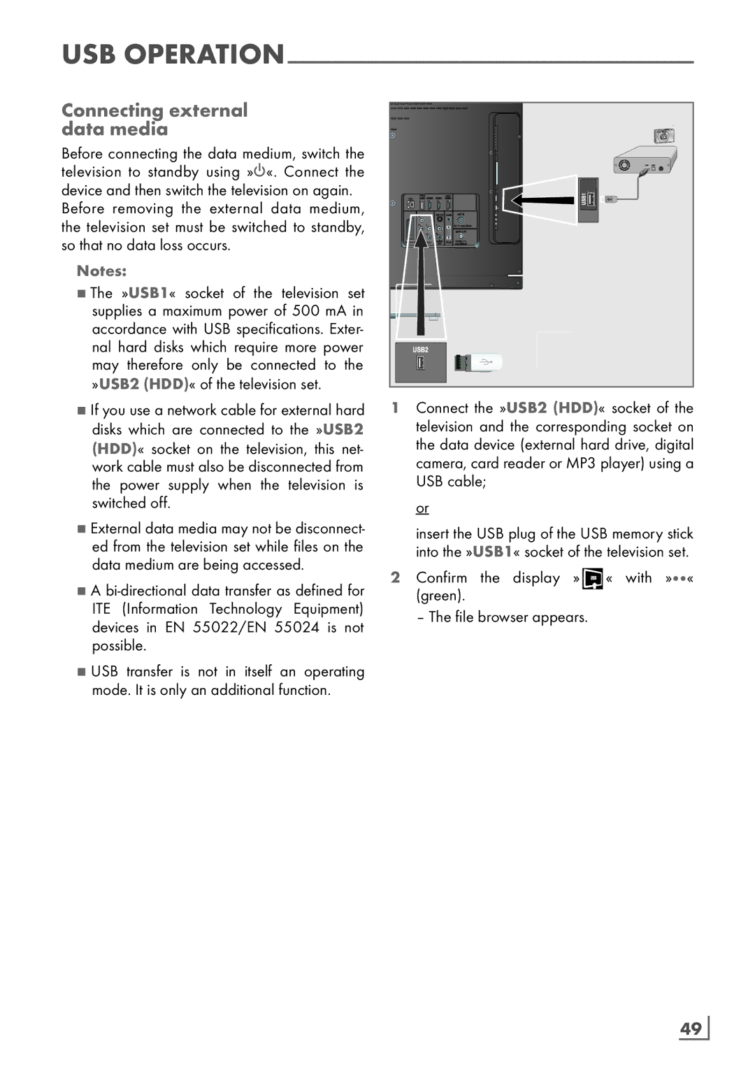 Grundig 40 VLE 8160 BL manual Connecting external ­ data media, »USB1« socket of the television set, English ­49 