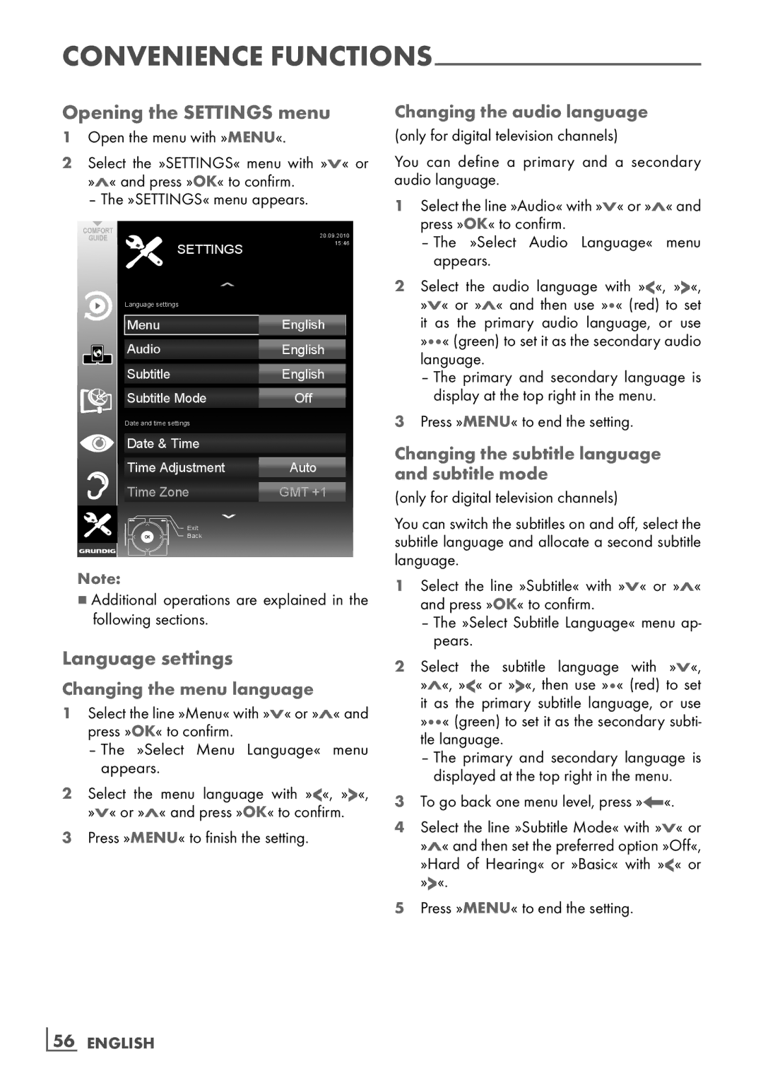 Grundig 40 VLE 8160 BL manual Opening the Settings menu, Language settings 