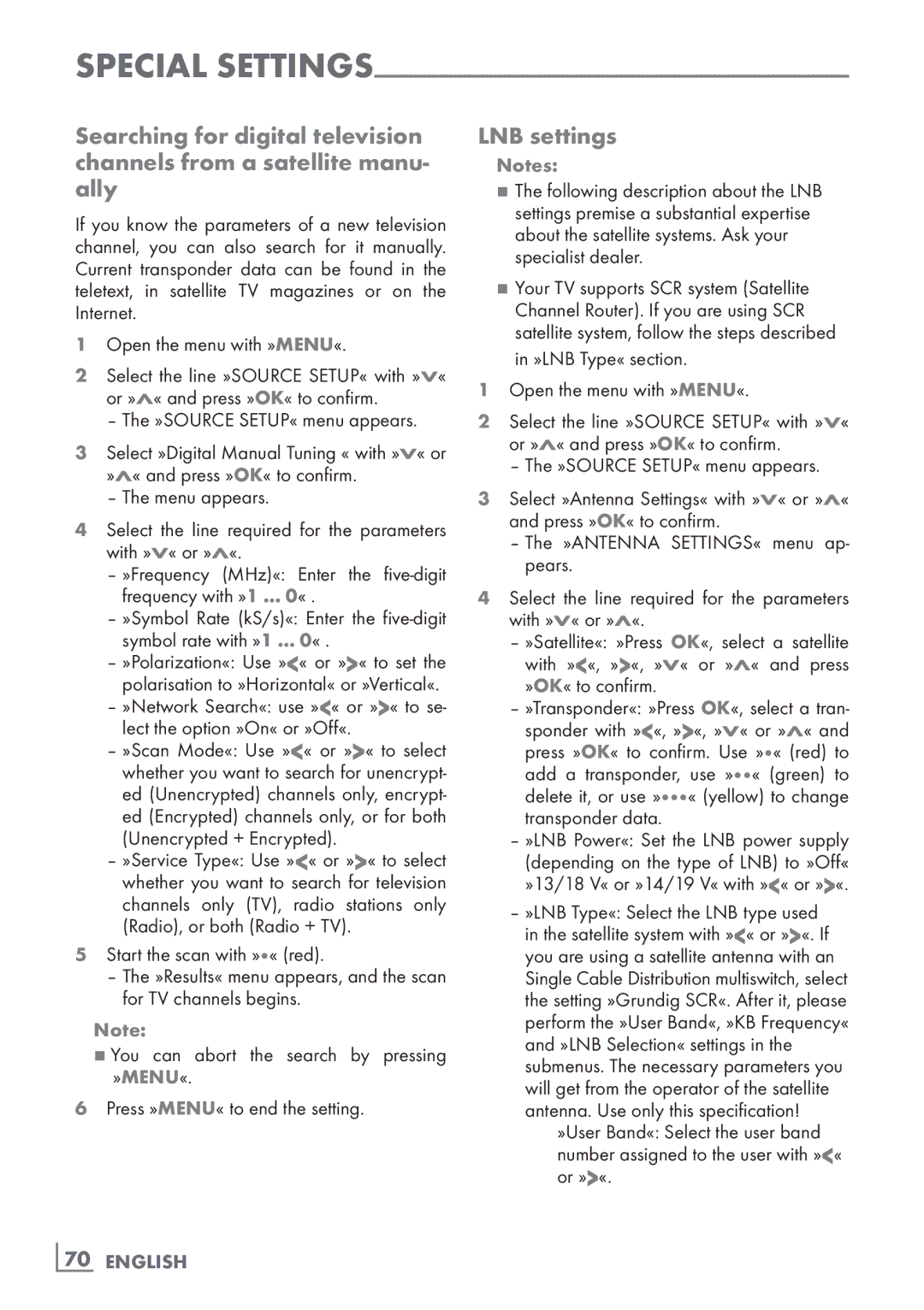 Grundig 40 VLE 8160 BL manual LNB settings, ­70 English 