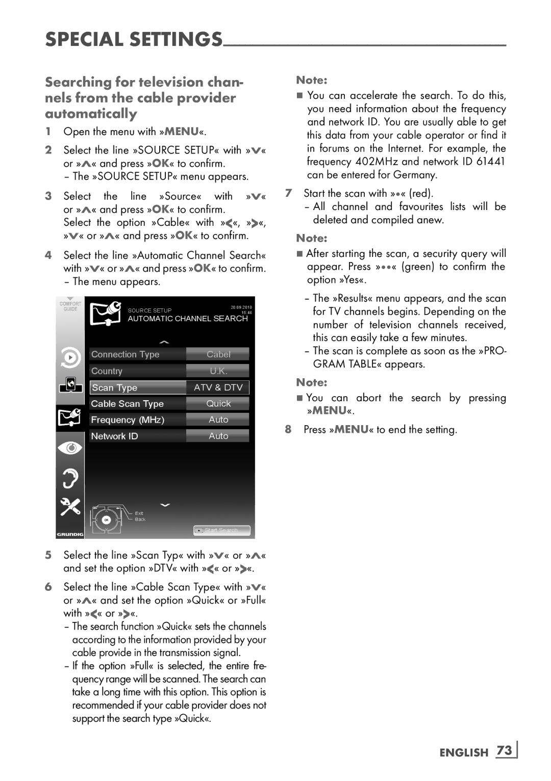 Grundig 40 VLE 8160 BL manual Select Line »Source«, Select Option, »V« or »Λ« and press »OK« to confirm, English ­73 