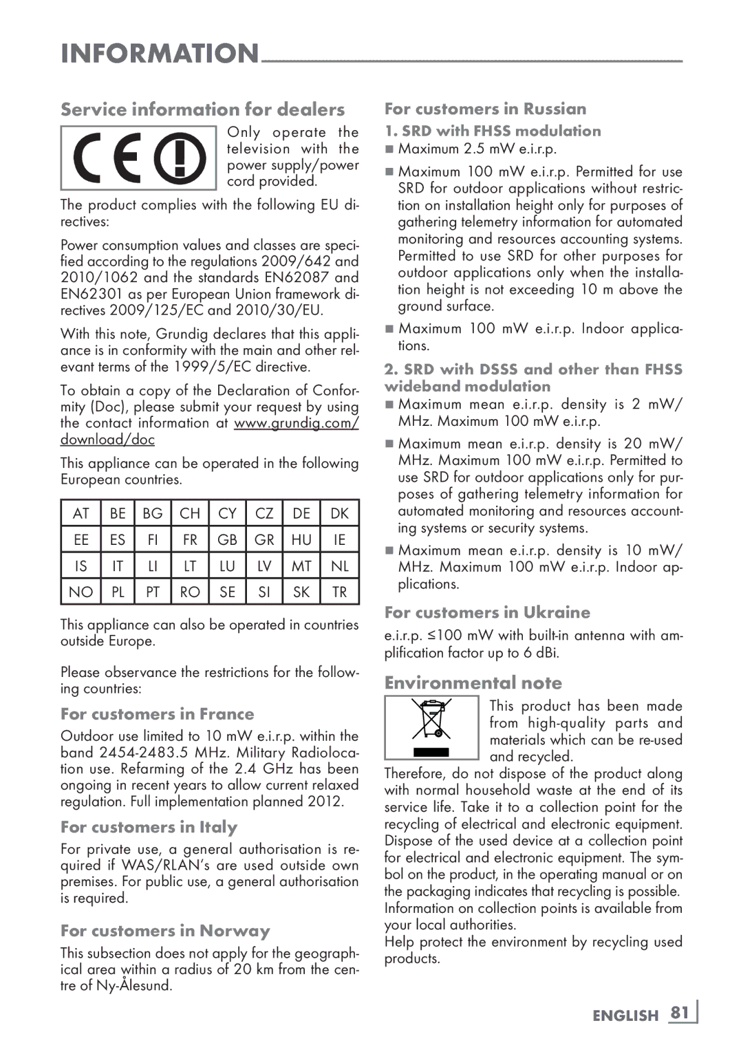 Grundig 40 VLE 8160 BL manual Service information for dealers, Environmental note 