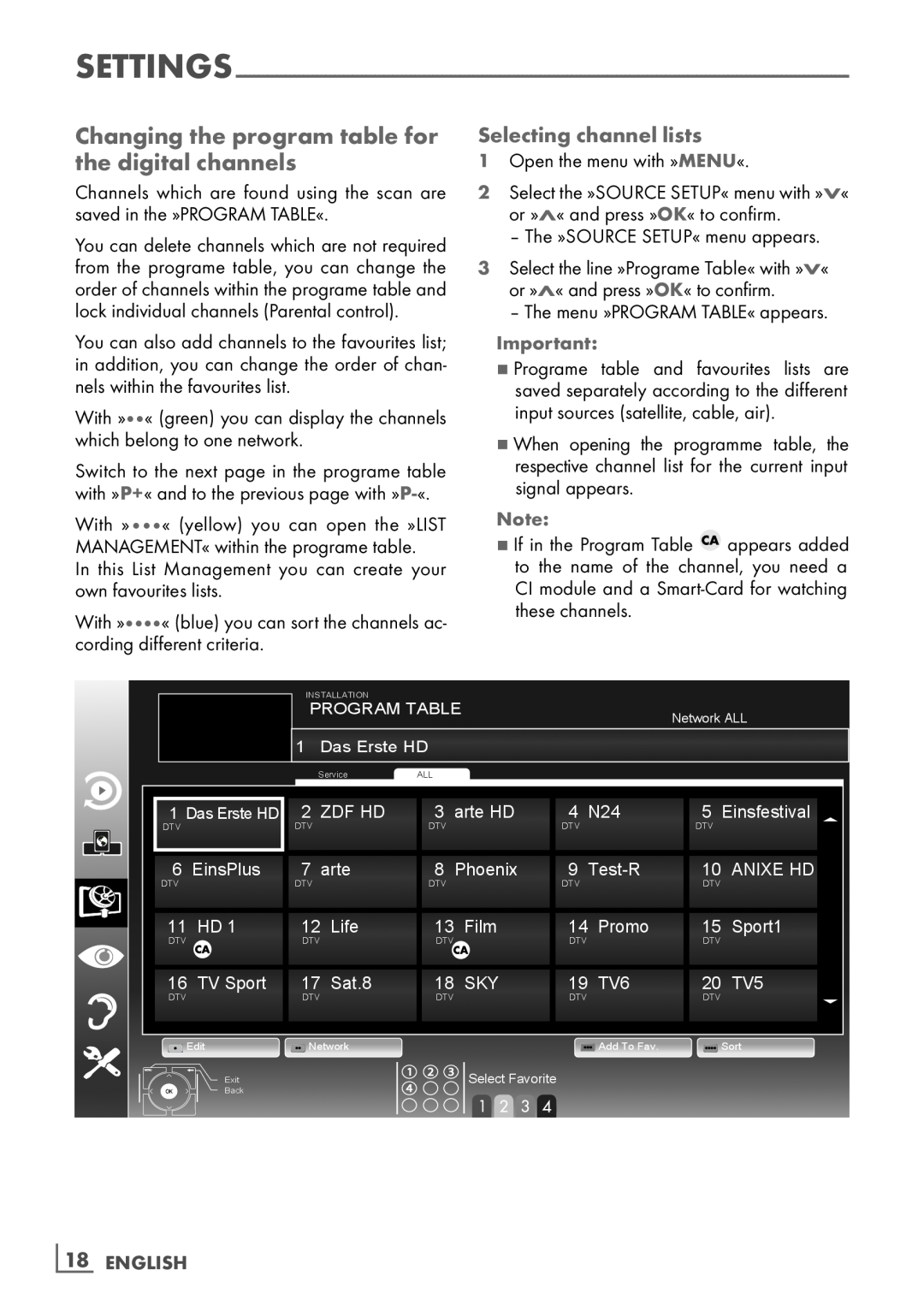 Grundig 40 VLE 8160 BL manual Changing the program table for the digital channels, Selecting channel lists, ­18 ENGLISH 