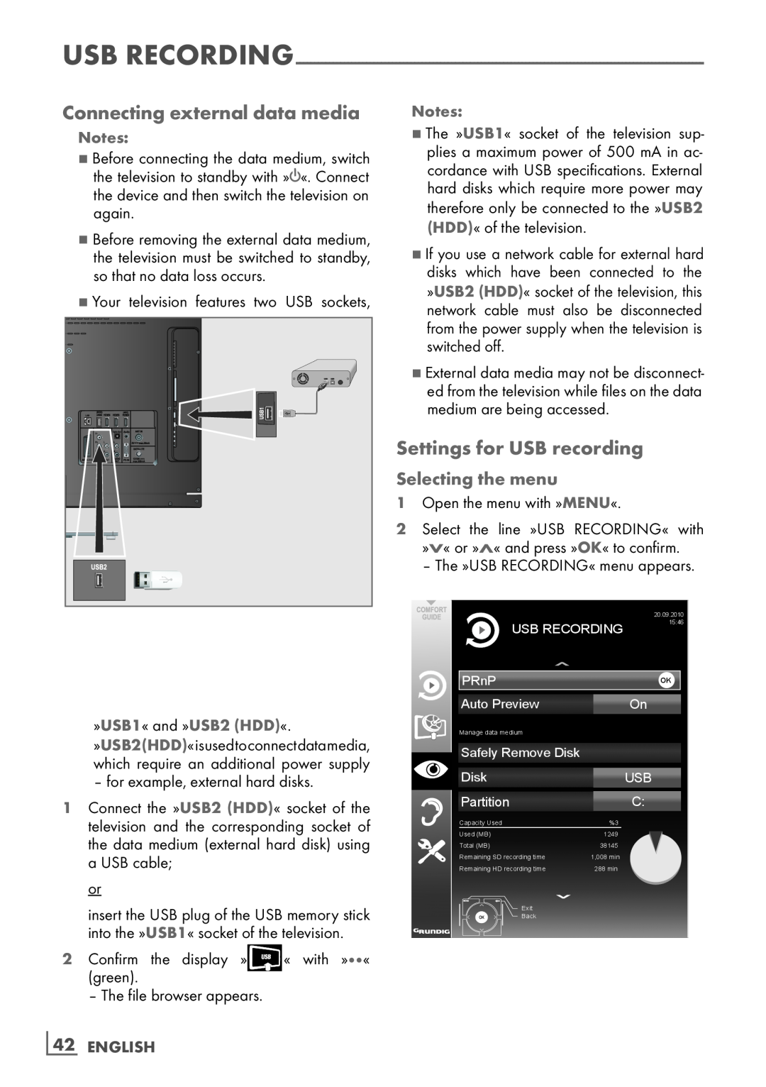 Grundig 40 VLE 8160 BL manual Connecting external data media, Settings for USB recording, Selecting the menu, ­42 ENGLISH 