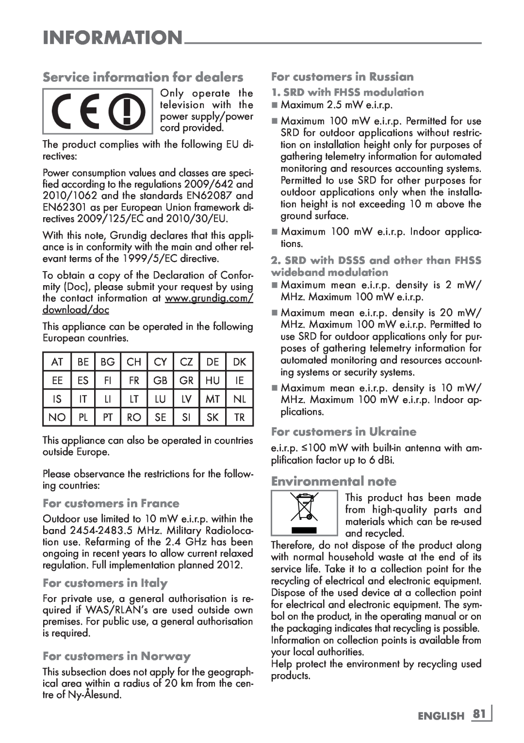 Grundig 40 VLE 8160 BL manual Service information for dealers, Environmental note, For customers in France, ENGLISH ­81 