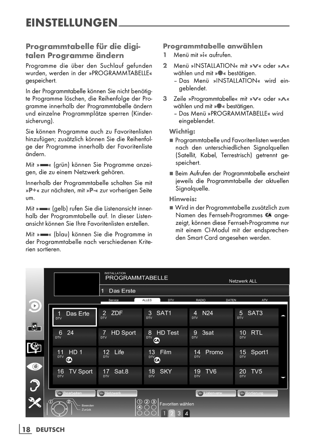 Grundig 40 VLE 8160 SL manual Programmtabelle für die digi­ talen Programme ändern, Programmtabelle anwählen, Wichtig 