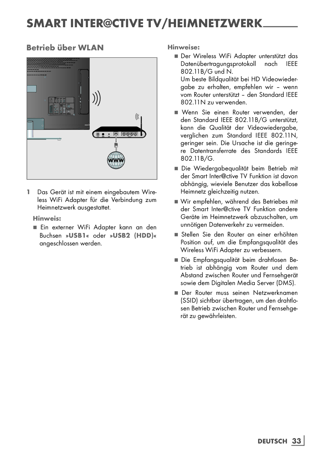 Grundig 40 VLE 8160 SL manual Betrieb über Wlan, Deutsch 33­ 