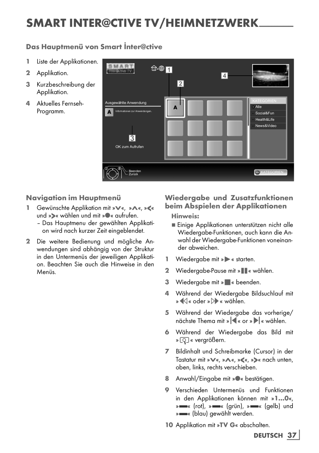 Grundig 40 VLE 8160 SL Das Hauptmenü von Smart İnter@ctive, Navigation im Hauptmenü, Liste der Applikationen, Programm 