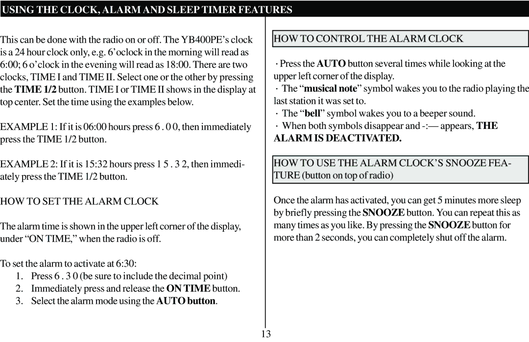 Grundig 400 PE Using the CLOCK, Alarm and Sleep Timer Features, HOW to Control the Alarm Clock, HOW to SET the Alarm Clock 