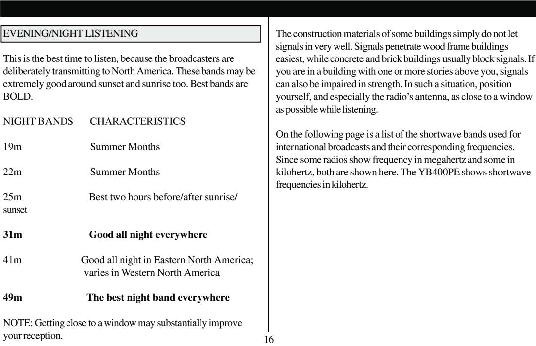 Grundig 400 PE manual EVENING/NIGHT Listening, Night Bands Characteristics 