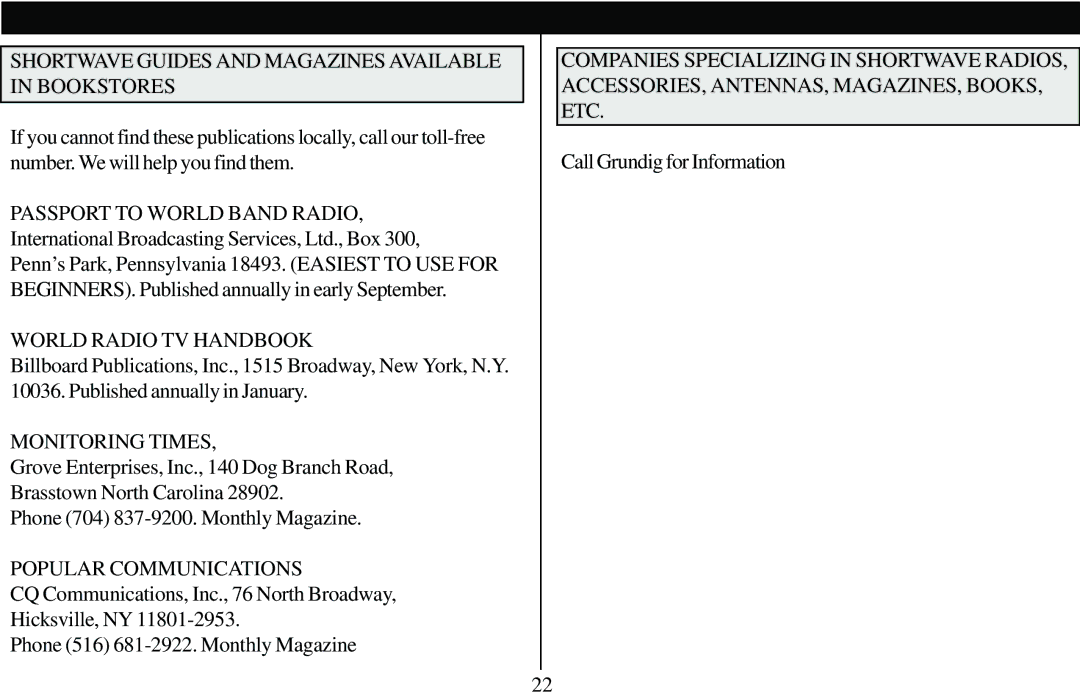 Grundig 400 PE manual Shortwave Guides and Magazines Available in Bookstores, World Radio TV Handbook, Monitoring Times 