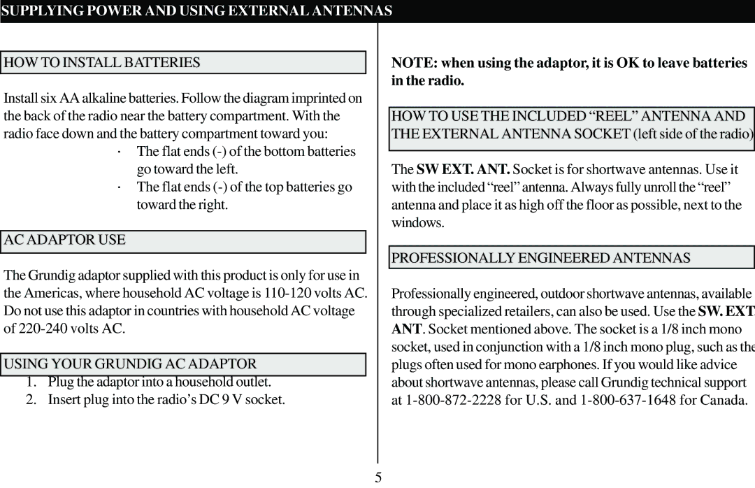 Grundig 400 PE manual HOW to Install Batteries, HOW to USE the Included Reel Antenna, Using Your Grundig AC Adaptor 
