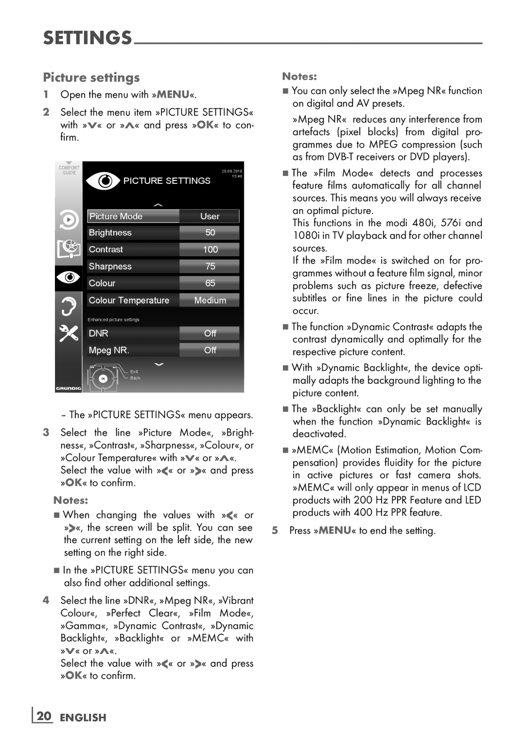 Grundig 42 VLS 9140 S Picture settings, Setting­ on the right side, As from DVB-T receivers or DVD players­, ­20 English 