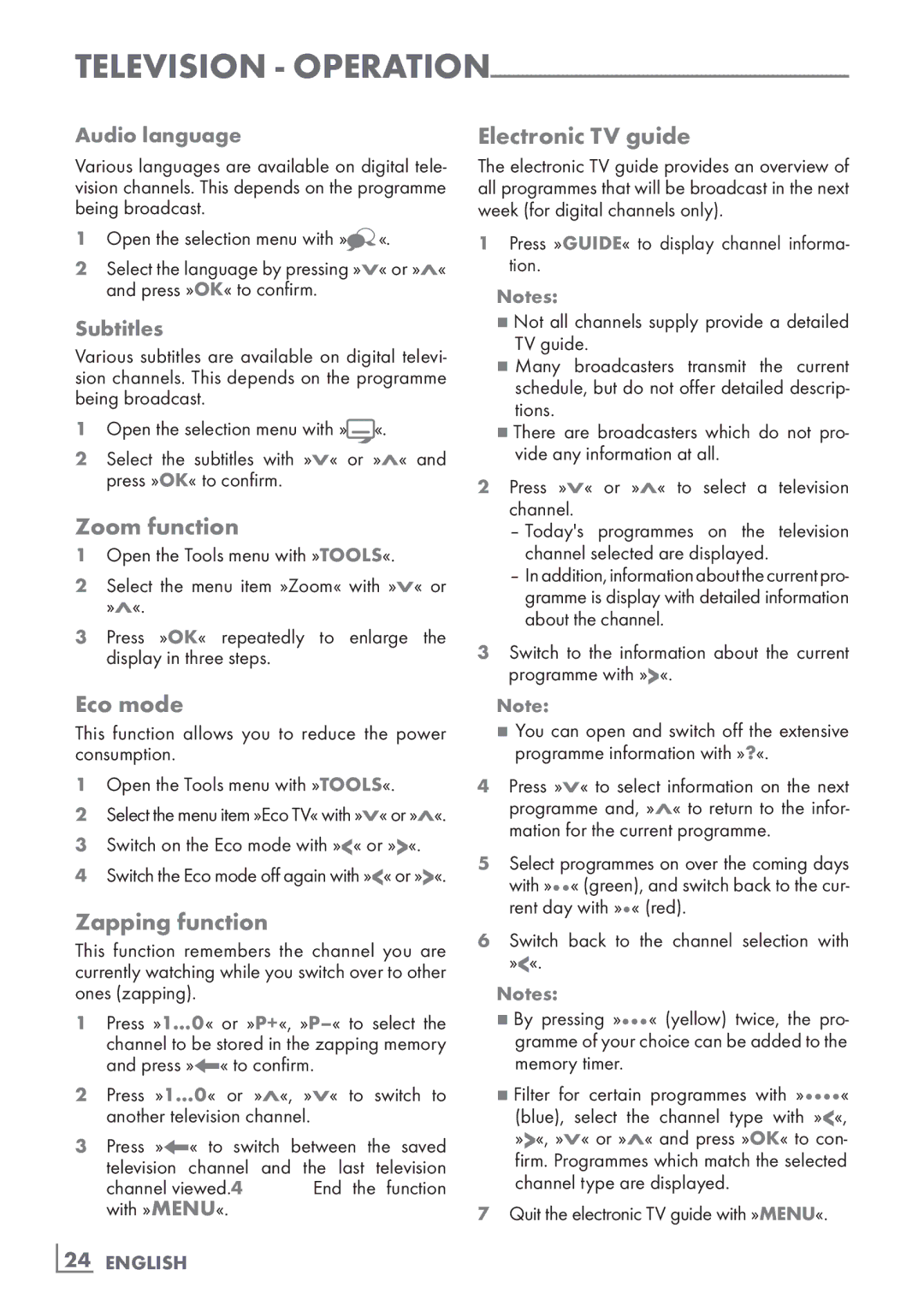 Grundig 42 VLS 9140 S, 37 VLC 9140 S manual Zoom function, Eco mode, Zapping function, Electronic TV guide 