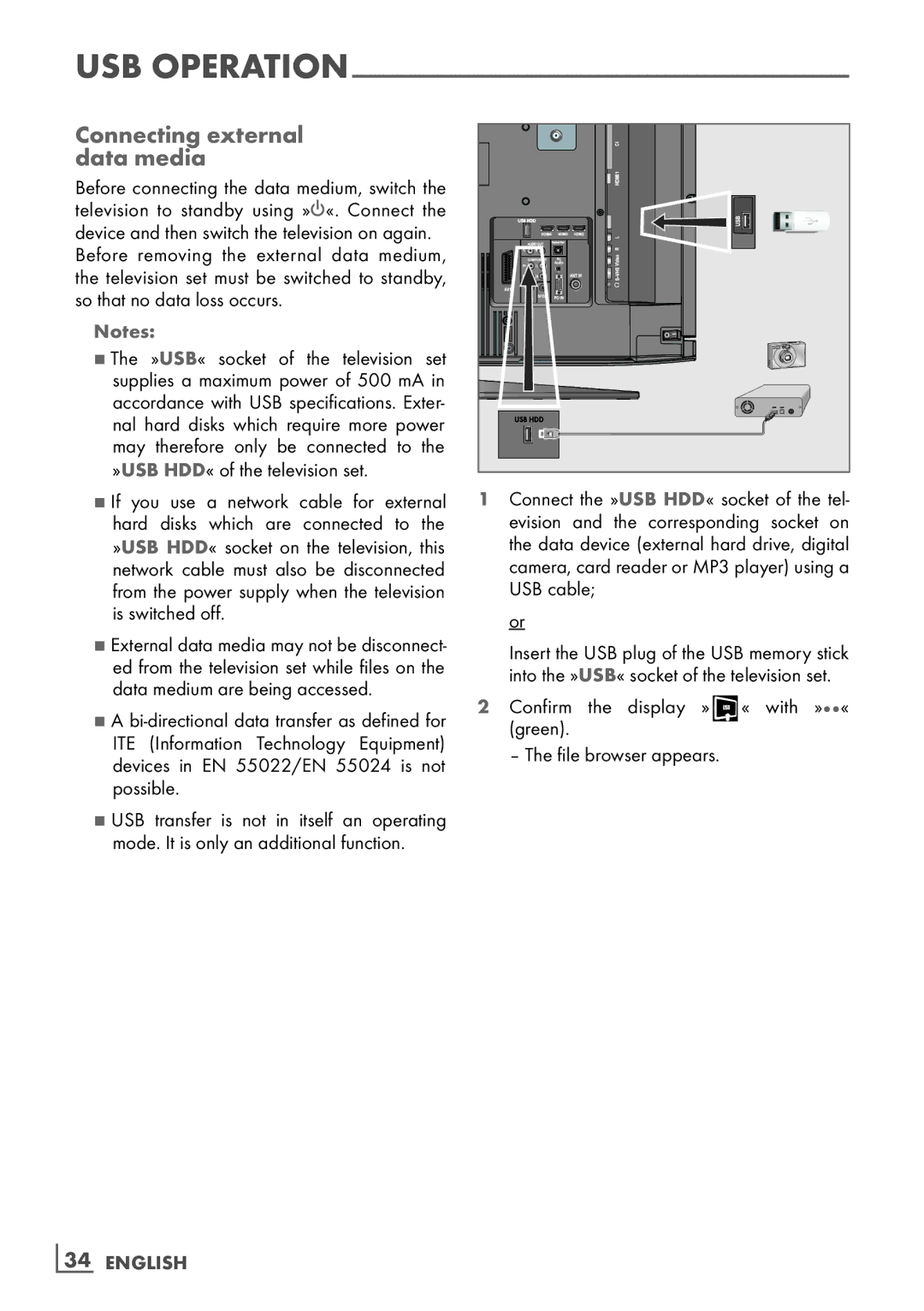 Grundig 42 VLS 9140 S, 37 VLC 9140 S Connecting external ­ data media, »USB« socket of the television set, ­34 English 