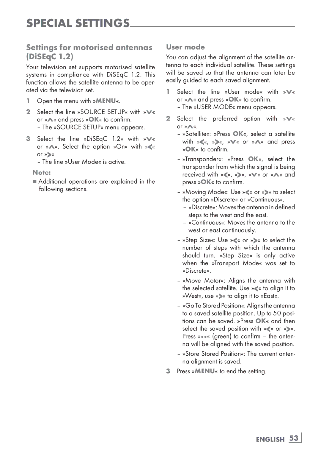 Grundig 37 VLC 9140 S, 42 VLS 9140 S manual Settings for motorised antennas DiSEqC, User mode, English 53­ 