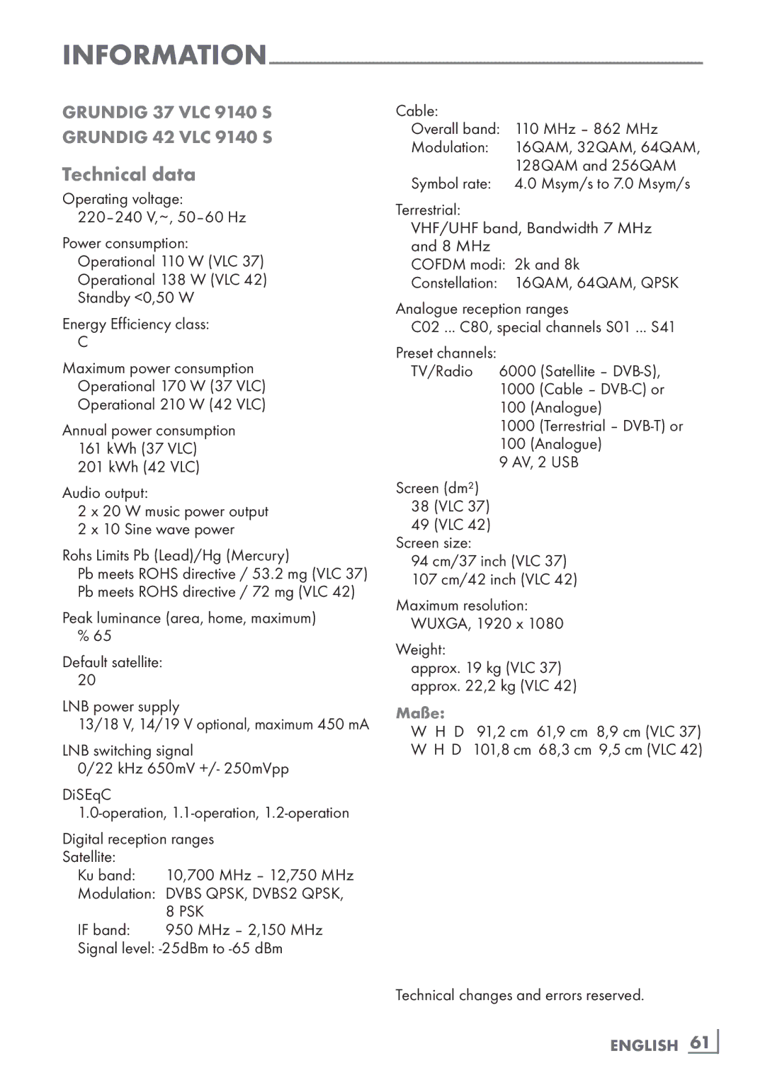 Grundig 37 VLC 9140 S, 42 VLS 9140 S manual Technical data, Maße, English ­61 