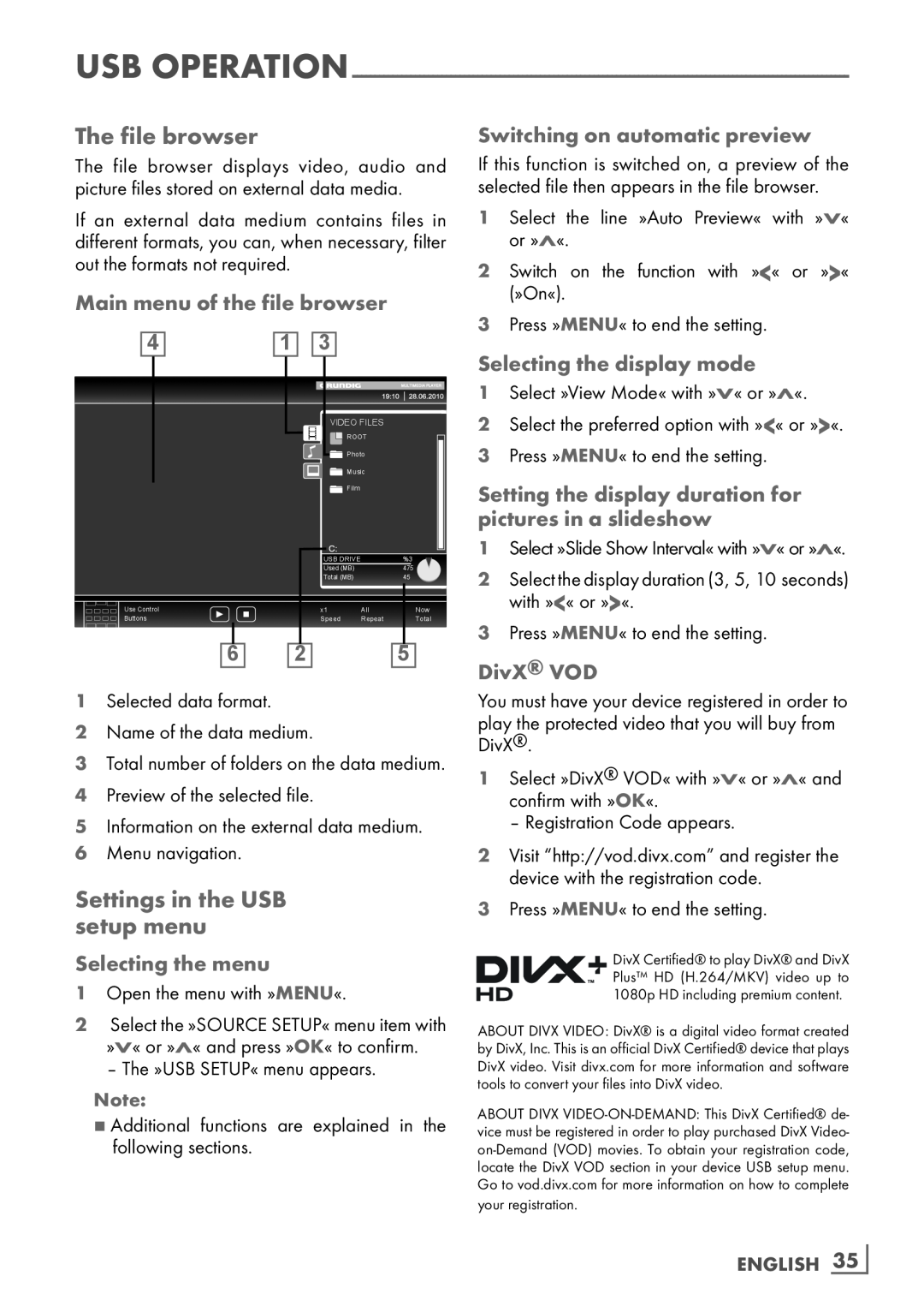 Grundig 37 VLC 9140 S manual The file browser, Settings in the USB ­ setup menu, Main menu of the file browser, DivX VOD 