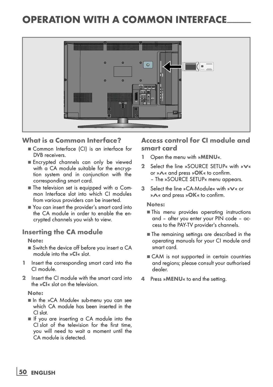 Grundig 42 VLS 9140 S What is a Common Interface?, Inserting the CA module, Access control for CI module and smart card 