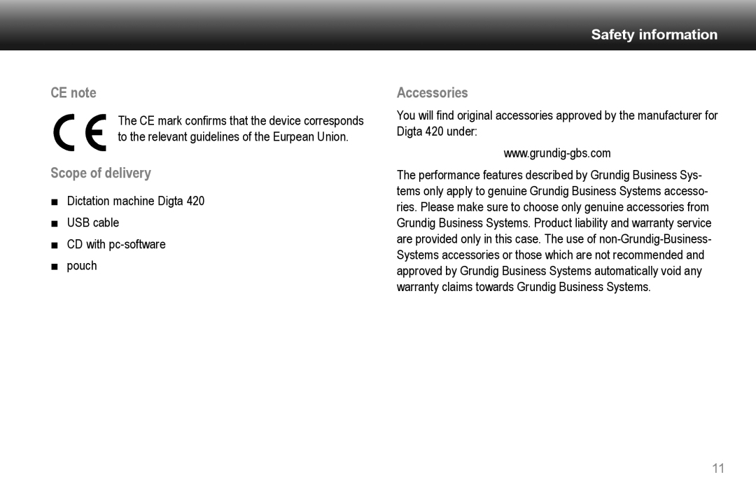 Grundig 420 manual CE note, Scope of delivery, Accessories 