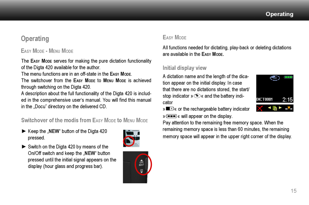 Grundig 420 manual Operating, Switchover of the modis from Easy Mode to Menu Mode, Initial display view 