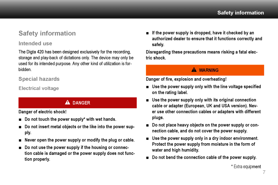 Grundig 420 manual Safety information, Intended use, Special hazards 