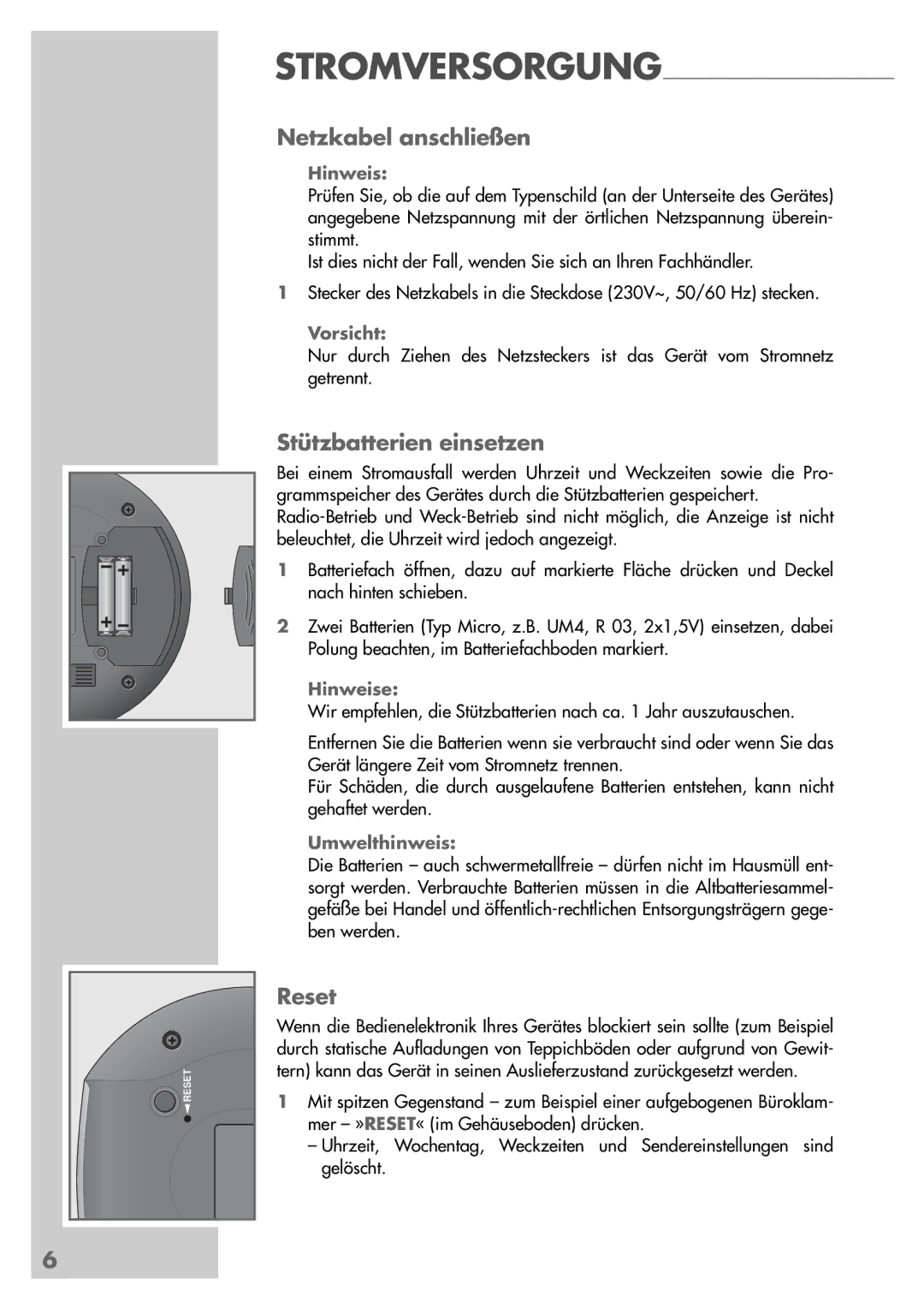 Grundig 420 manual Netzkabel anschließen, Stützbatterien einsetzen, Reset, Stromversorgung 