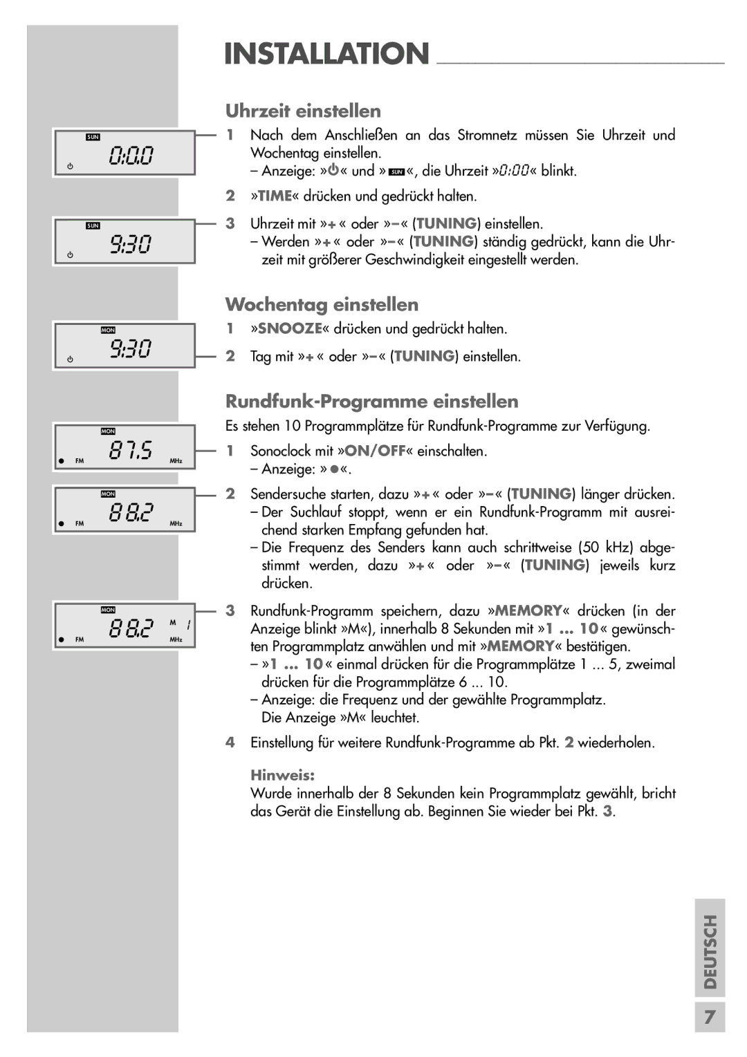 Grundig 420 manual 8000, 8930, Uhrzeit einstellen, Wochentag einstellen, Rundfunk-Programme einstellen 