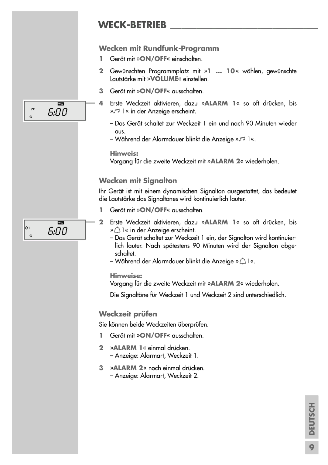 Grundig 420 manual ¤ 1, 8600, Wecken mit Rundfunk-Programm, Wecken mit Signalton, Weckzeit prüfen 