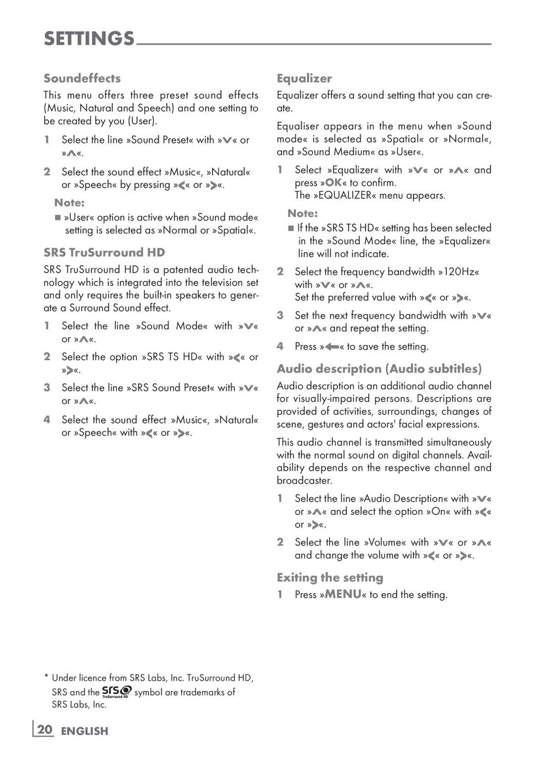 Grundig 46 VLE 6220 BF Soundeffects, SRS TruSurround HD, Equalizer, Audio description Audio subtitles, Exiting the setting 