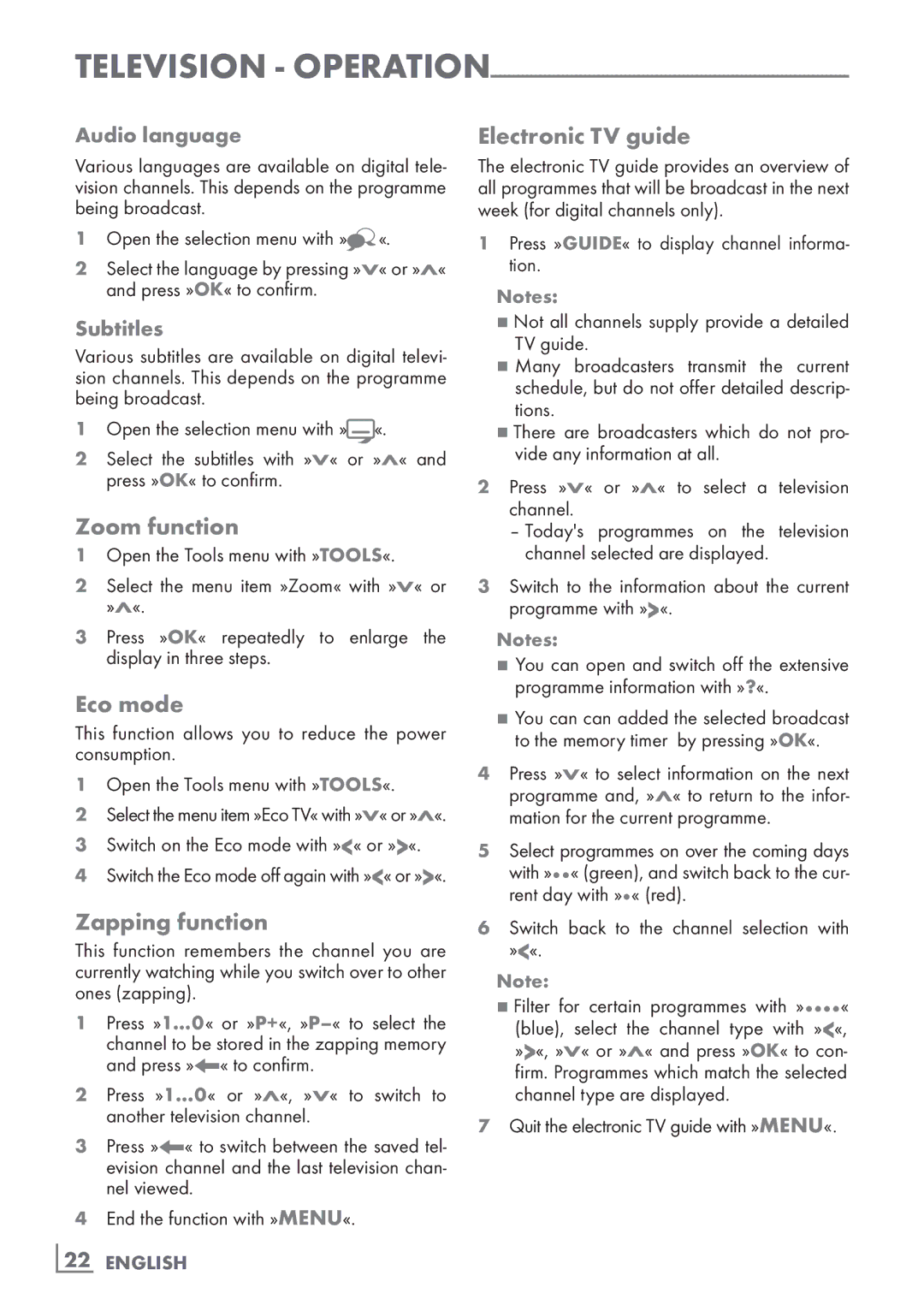 Grundig 46 VLE 6220 BF manual Zoom function, Eco mode, Zapping function, Electronic TV guide 