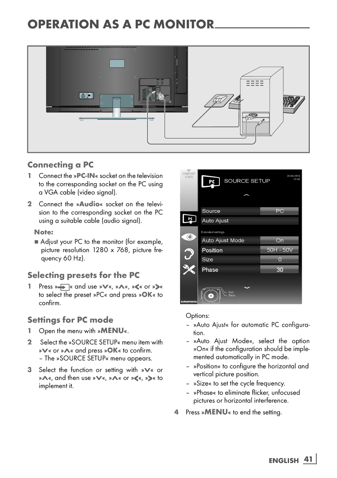 Grundig 46 VLE 6220 BF manual Connecting a PC, Selecting presets for the PC, Settings for PC mode 