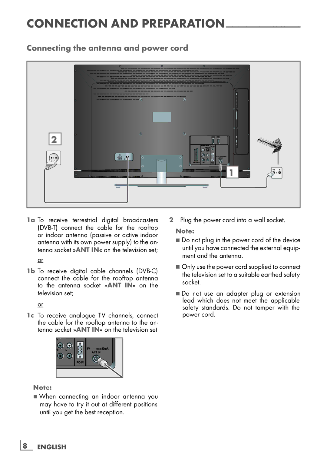 Grundig 46 VLE 6220 BF manual Connecting the antenna and power cord, Connection and preparation 