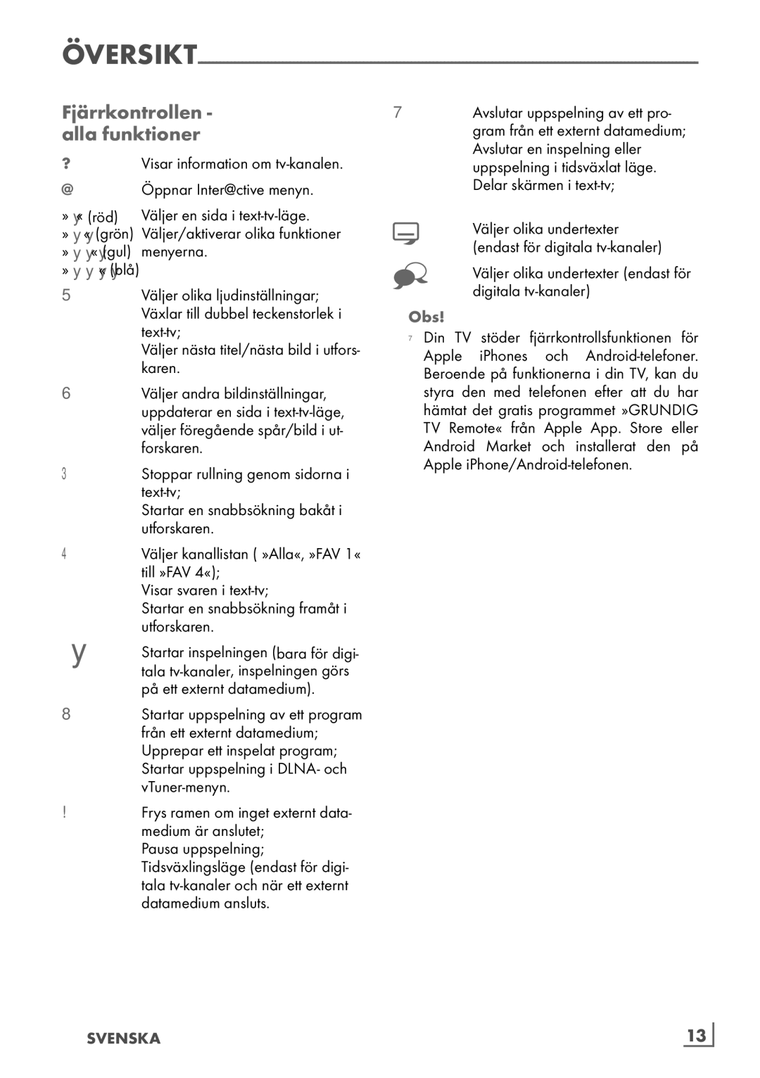 Grundig 46 VLE 7139 BR manual Fjärrkontrollen ­ alla funktioner, Svenska ­13 