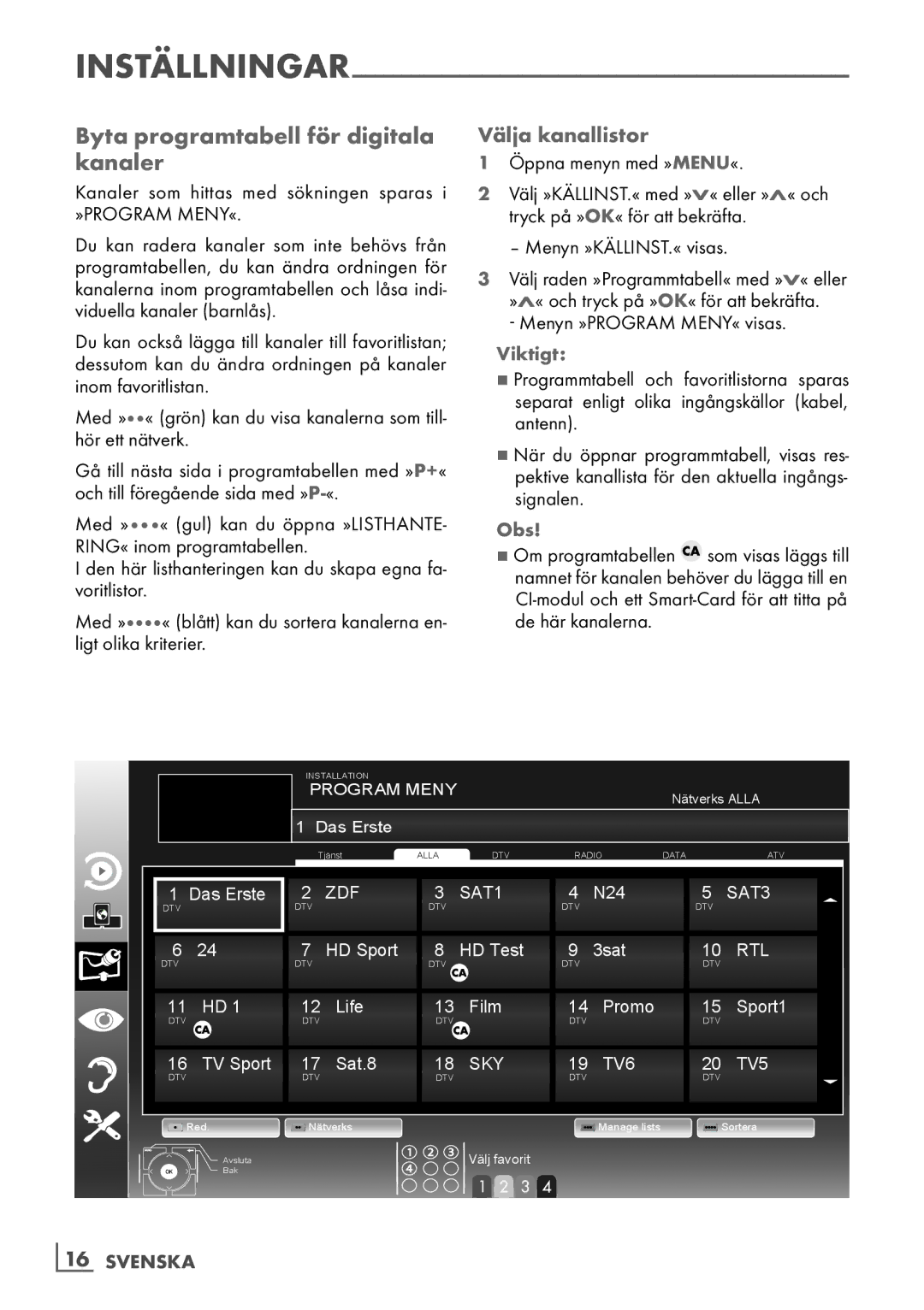 Grundig 46 VLE 7139 BR manual Byta programtabell för digitala kanaler, Välja kanallistor, Viktigt, ­16 Svenska 