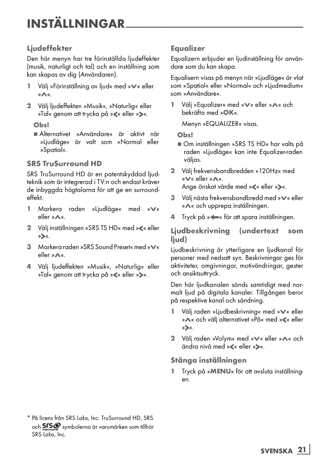 Grundig 46 VLE 7139 BR manual Ljudeffekter, SRS TruSurround HD, Equalizer, Ljudbeskrivning undertext som ljud 