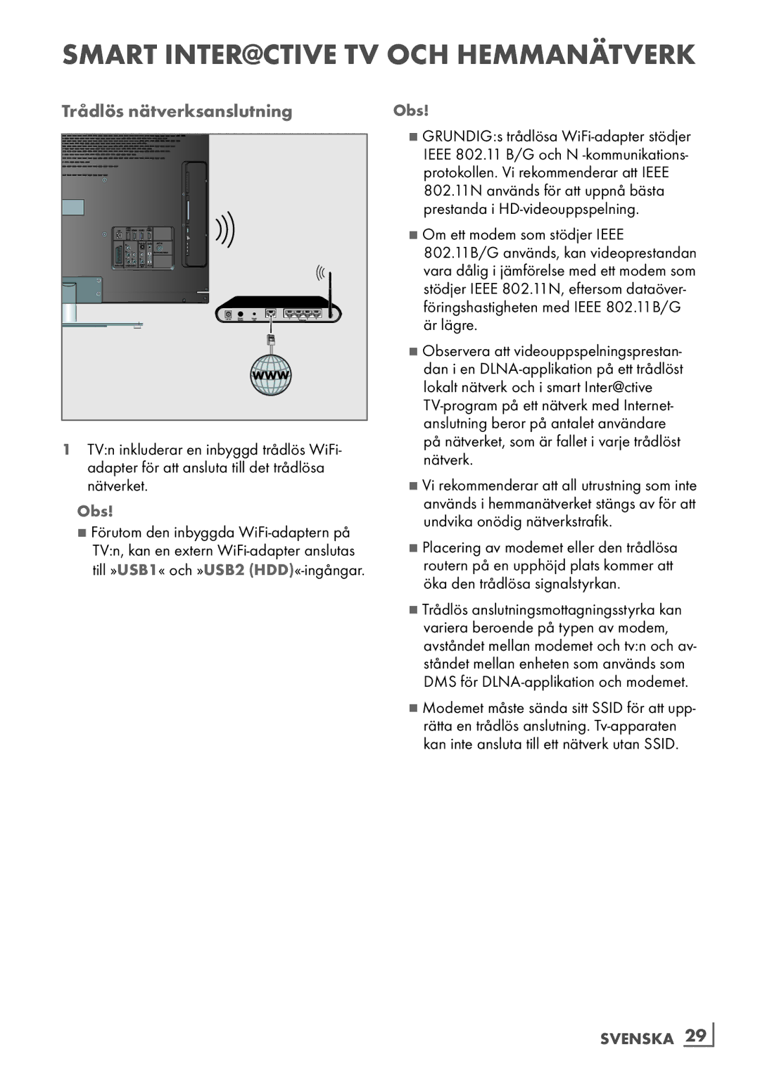 Grundig 46 VLE 7139 BR manual Trådlös nätverksanslutning, Svenska ­29 