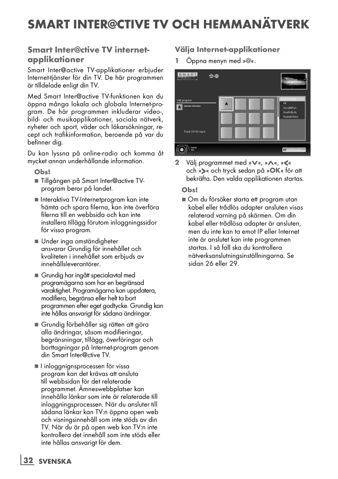 Grundig 46 VLE 7139 BR manual Smart Inter@ctive TV internet- applikationer, Välja Internet-applikationer, ­32 Svenska 