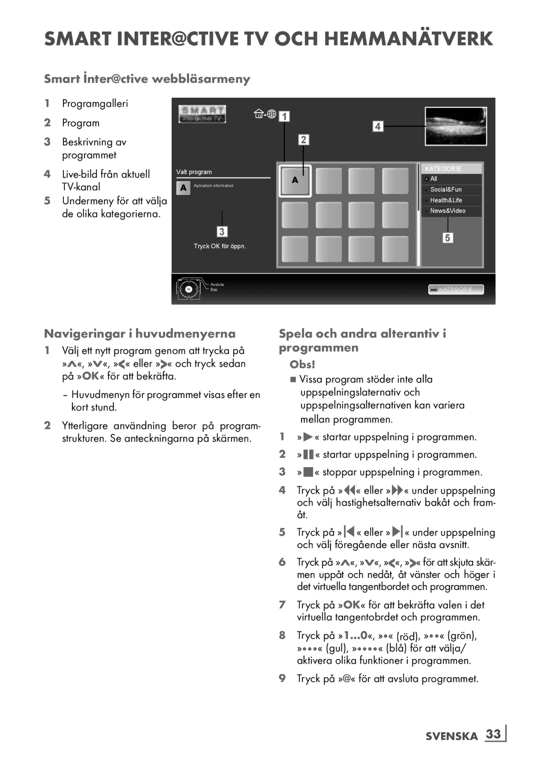 Grundig 46 VLE 7139 BR manual Smart İnter@ctive webbläsarmeny, Navigeringar i huvudmenyerna, Svenska ­33 