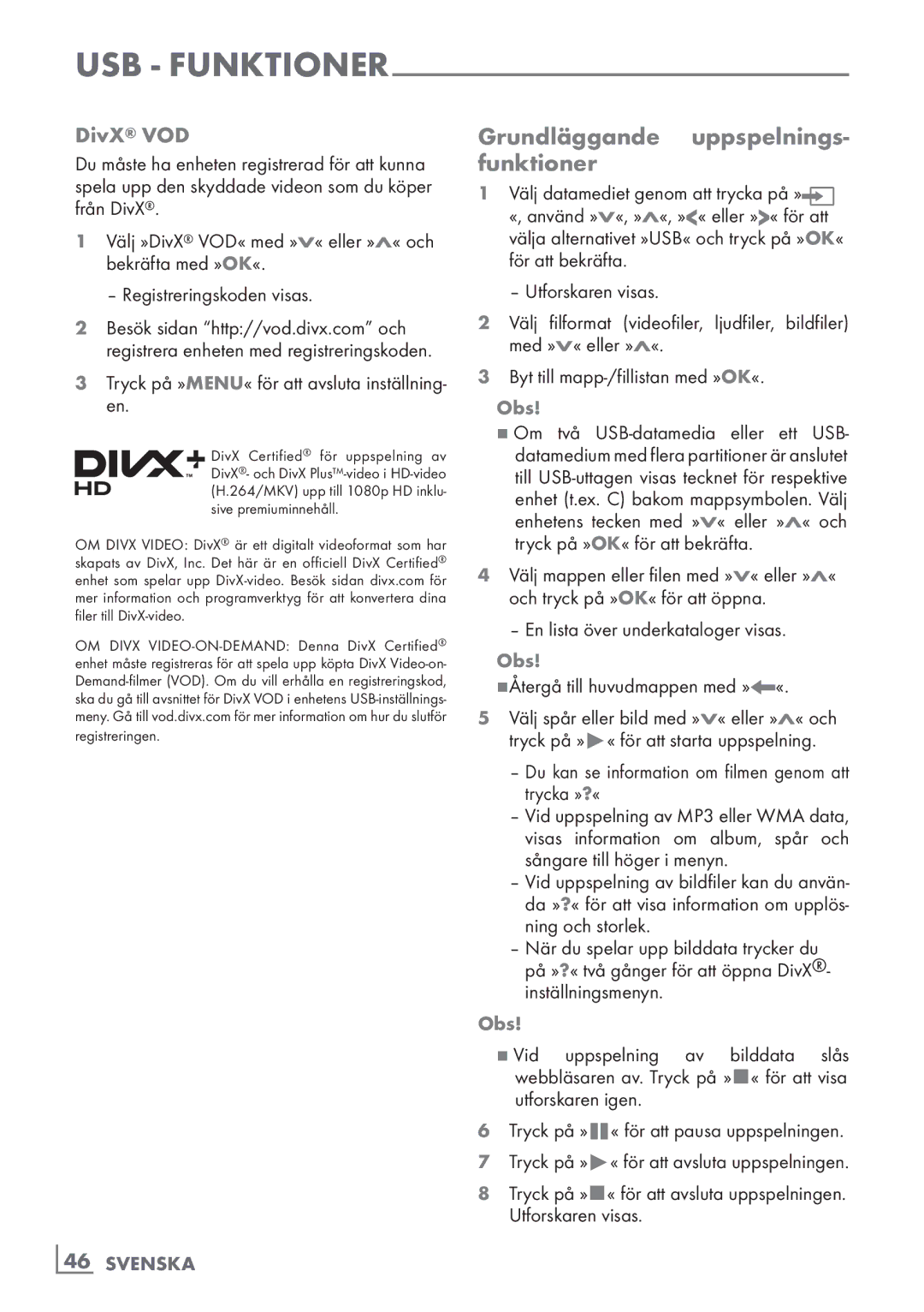 Grundig 46 VLE 7139 BR Grundläggande uppspelnings- funktioner, DivX VOD, 7Återgå till huvudmappen med »«, ­46 Svenska 