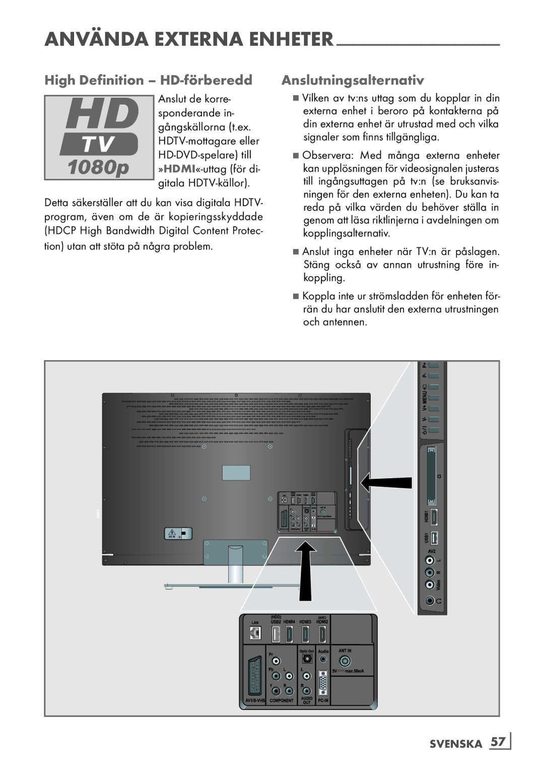 Grundig 46 VLE 7139 BR manual High Definition HD-förberedd Anslutningsalternativ, Svenska ­57 