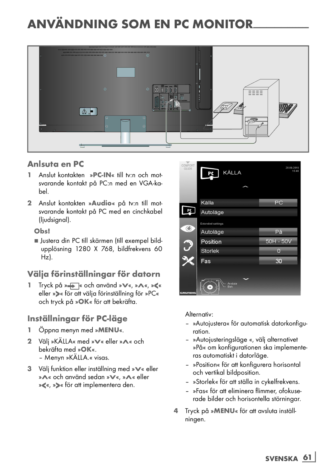 Grundig 46 VLE 7139 BR manual Anlsuta en PC, Välja förinställningar för datorn, Inställningar för PC-läge, Svenska ­61 