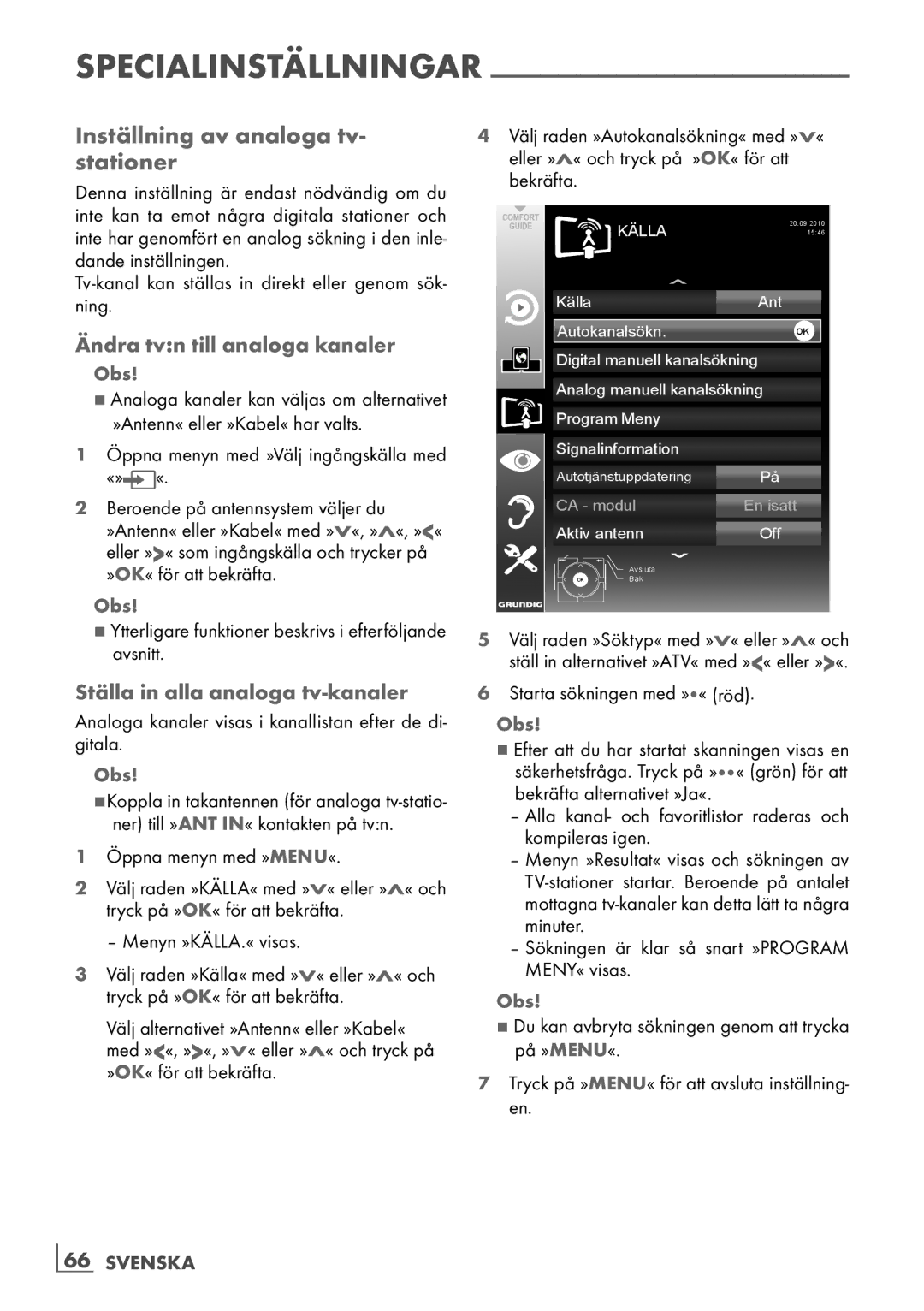 Grundig 46 VLE 7139 BR manual Inställning av analoga tv- stationer, Ändra tvn till analoga kanaler, ­66 Svenska 