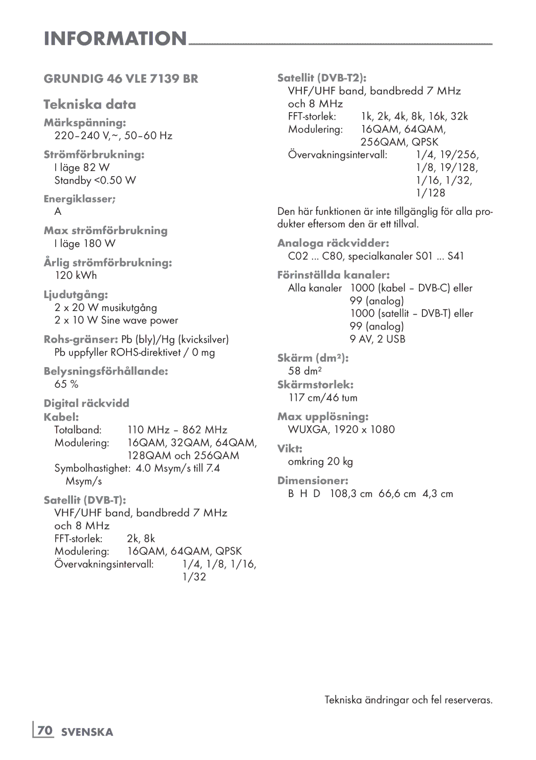 Grundig 46 VLE 7139 BR manual Tekniska data, ­70 Svenska 