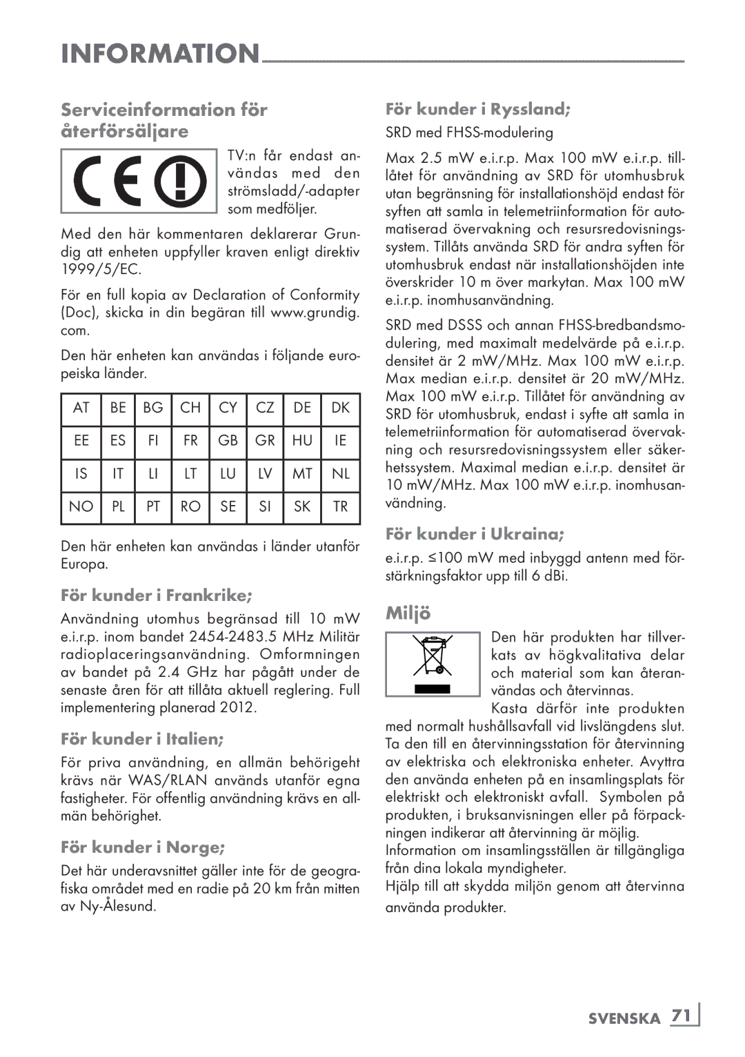 Grundig 46 VLE 7139 BR manual Serviceinformation för återförsäljare, Miljö 