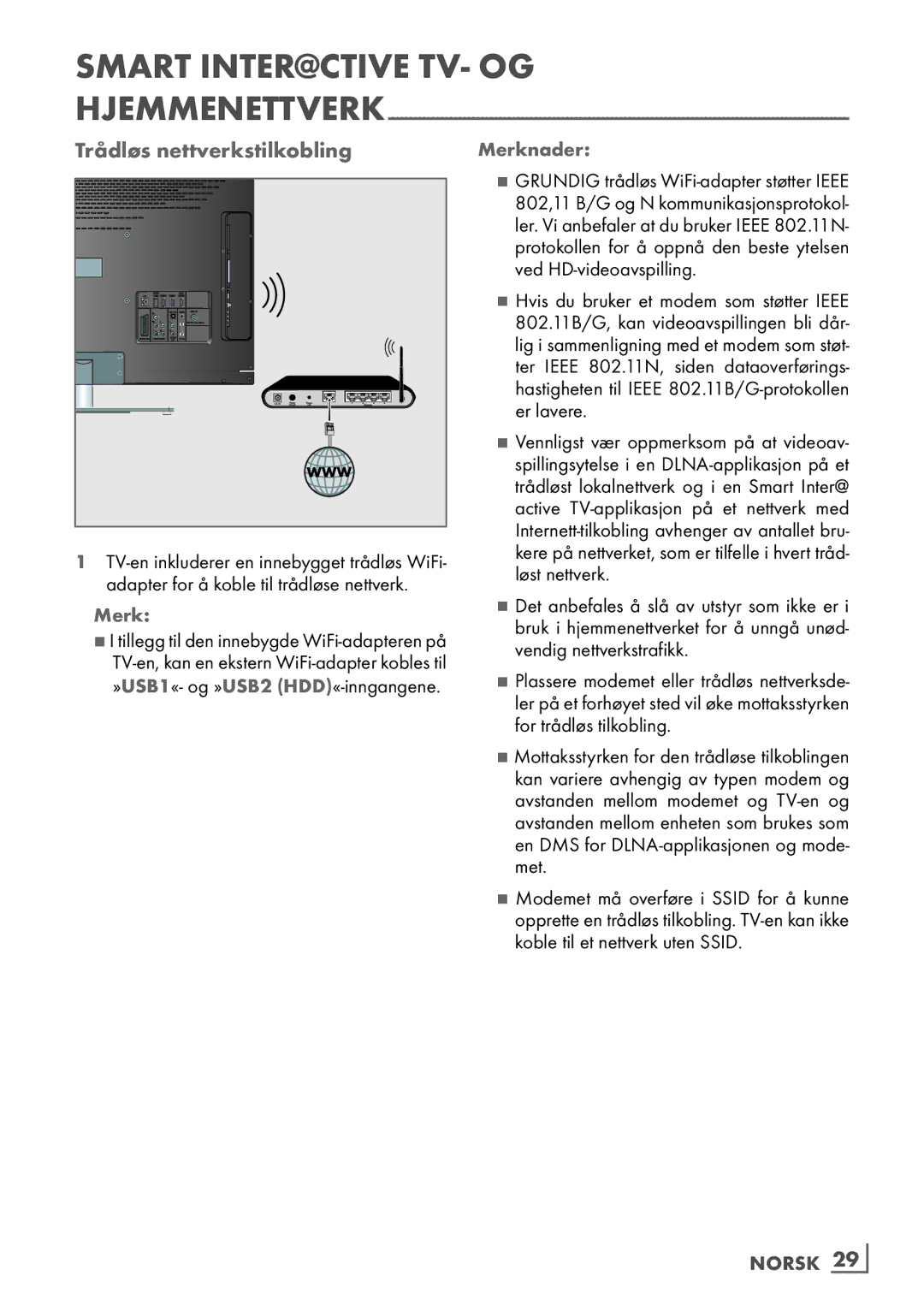 Grundig 46 VLE 7139 BR manual Trådløs nettverkstilkobling, Norsk ­29 