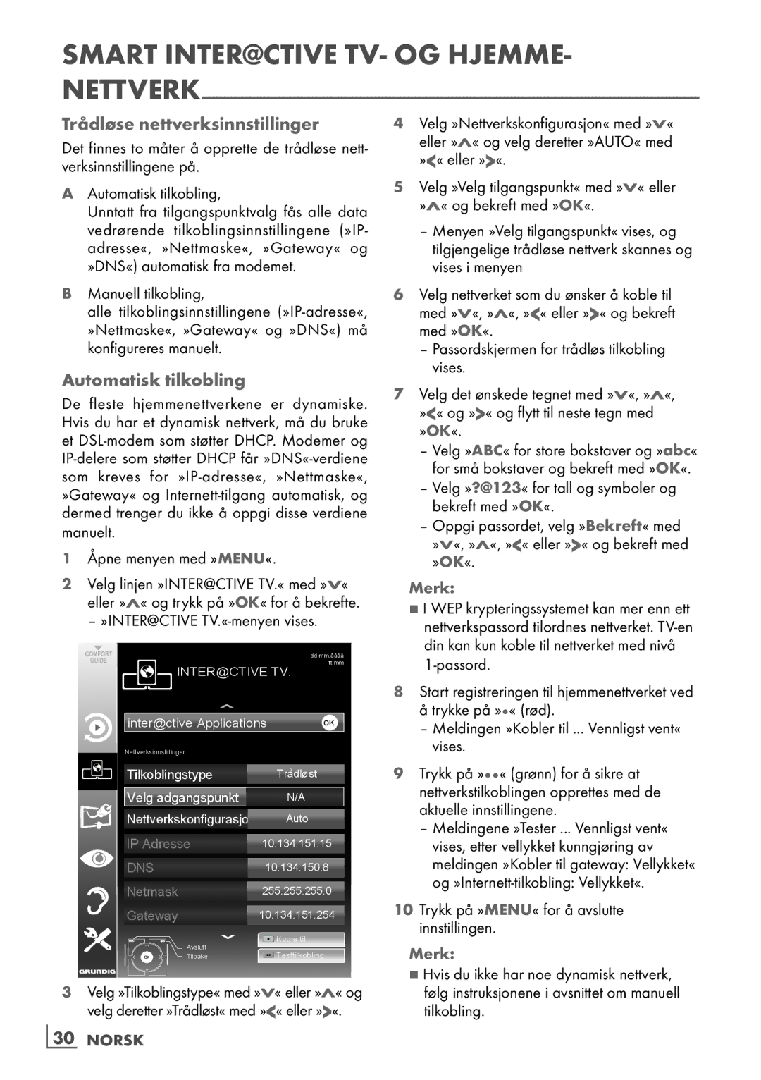 Grundig 46 VLE 7139 BR manual Trådløse nettverksinnstillinger, Automatisk tilkobling, Manuell tilkobling, ­30 Norsk 