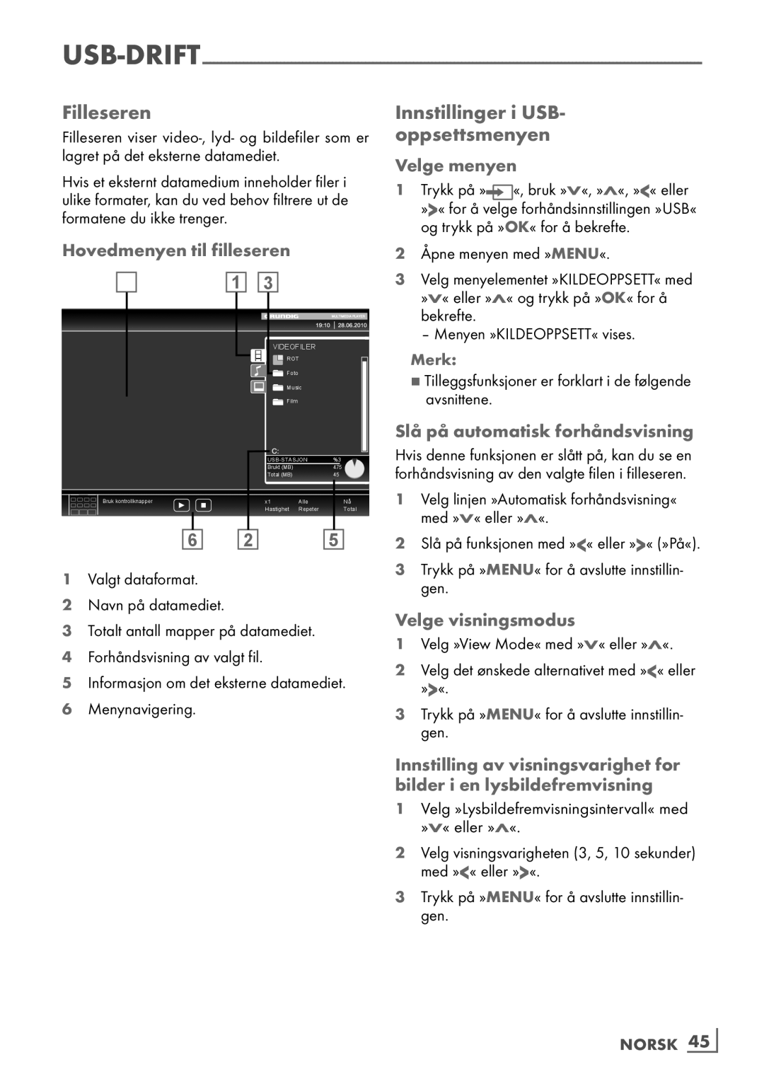 Grundig 46 VLE 7139 BR Filleseren, Innstillinger i USB- oppsettsmenyen, Hovedmenyen til filleseren, Velge visningsmodus 